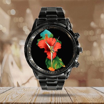 Discover Hibiscus Ed. Est 1899 Calendar Steel Band Watch