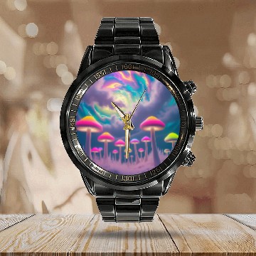 Discover Neon Mushroom Forest – Psychedelic Minimalist Calendar Steel Band Watch