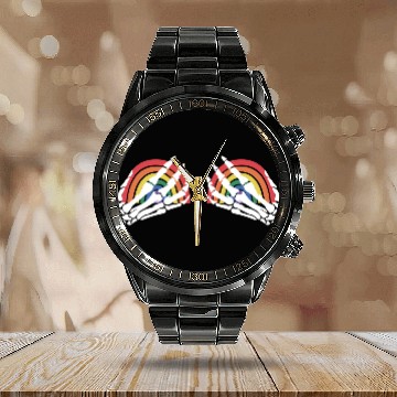 Discover LGBTQ Skeleton Hand Rainbow Calendar Steel Band Watch