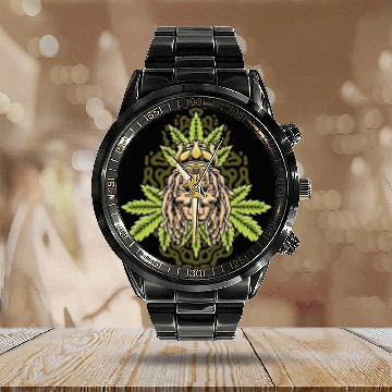 Discover handdrawn lion marijuana leaf with old school t Calendar Steel Band Watch
