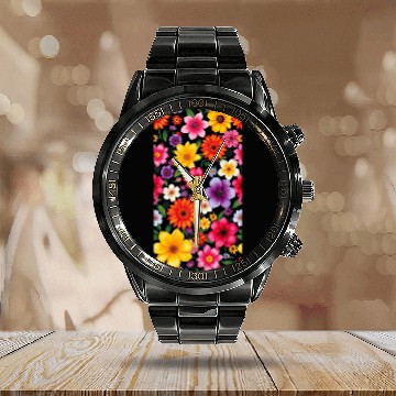 Discover Vibrant Wildflower Garden – Colorful Floral Patter Calendar Steel Band Watch