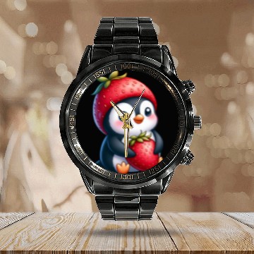 Discover Cute penguin with strawberry cartoon summer fun Calendar Steel Band Watch