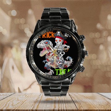 Discover Halloween Mummy T rex Pirate Skeleton Trick Treat Calendar Steel Band Watch