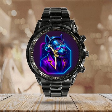 Discover "Cyberpunk DJ Dog | Futuristic Style with a Doggy- Calendar Steel Band Watch