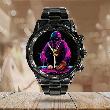 Discover Neon Baseball Catcher Art Cool Vaporwave Sports Calendar Steel Band Watch