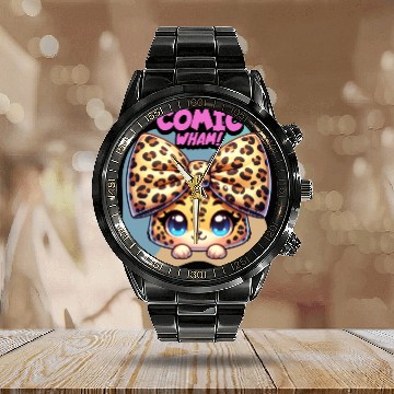 Discover Comic Wham! – Cute Leopard with Giant Bow Calendar Steel Band Watch