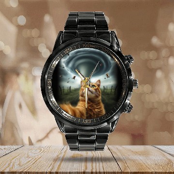 Discover Funny Tornado Cat Selfie Flying Cow Meme Calendar Steel Band Watch