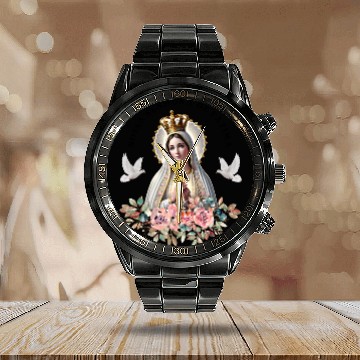 Discover Nossa Senhora de Fatima Mother Mary Saint Catholic Calendar Steel Band Watch