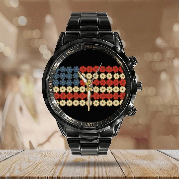 Discover 4th of July Flag Flower Calendar Steel Band Watch
