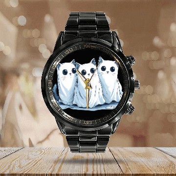 Discover Funny Ghost Cat Calendar Steel Band Watch