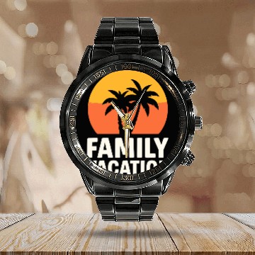 Discover Family Vacation Palm Trees Sunset Beach Calendar Steel Band Watch