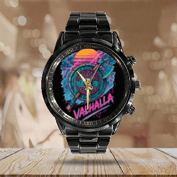 Discover Viking Valhalla Norse Retro Vaporwave Calendar Steel Band Watch