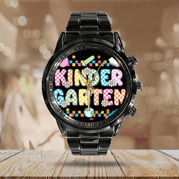 Discover Kindergarten Checkerboard Teacher Calendar Steel Band Watch