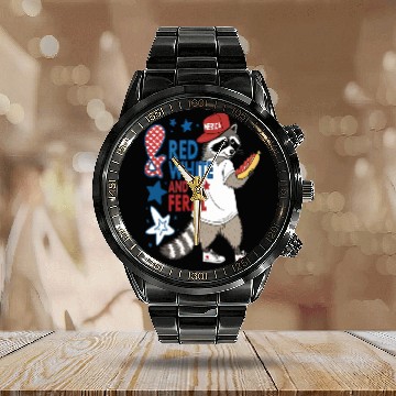 Discover Red White and Feral Funny USA Calendar Steel Band Watch
