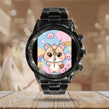 Discover Kawaii Corgi in Rainbow Cloudland Calendar Steel Band Watch