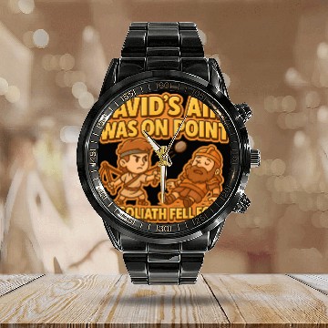 Discover David & Goliath Pun – Funny Bible Hero Cartoon Calendar Steel Band Watch