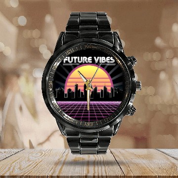 Discover Future Vibes Synthwave Sunset Grid Retro 80s Calendar Steel Band Watch