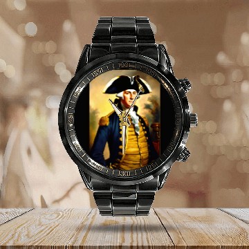 Discover George Washington in revolutionary bttlefield a Calendar Steel Band Watch