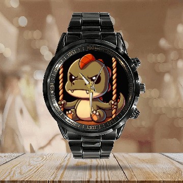 Discover Grumpy T-Rex on swing annoyed offended Calendar Steel Band Watch