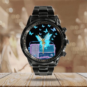 Discover Radio Silence – Vintage Risograph Butterfly Waves Calendar Steel Band Watch