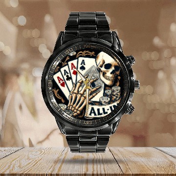 Discover Casino Cards Gambling Skeleton Hand Gothic Calendar Steel Band Watch
