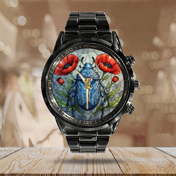 Discover Beetle stained glass bug design vibrant poppy Calendar Steel Band Watch