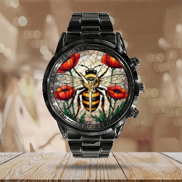 Discover Bumble bee stained glass vibrant poppy flower eye Calendar Steel Band Watch