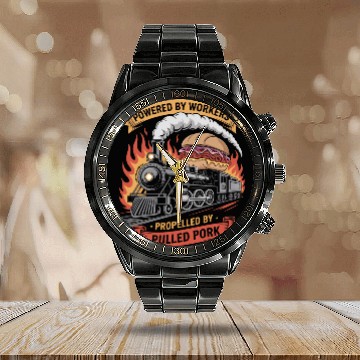 Discover Powered by Workers Propelled by Pulled Pork Labor Calendar Steel Band Watch