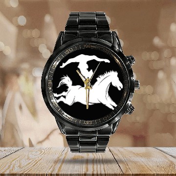 Discover Minimalist horse riding silhouette vaulting equest Calendar Steel Band Watch