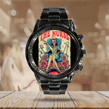 Discover Retro Skeleton Nurse Pinup – Dark Medical Humor Ar Calendar Steel Band Watch