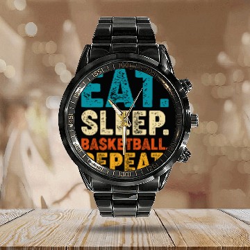 Discover Eat Sleep Basketball Repeat Retro Vintage Calendar Steel Band Watch