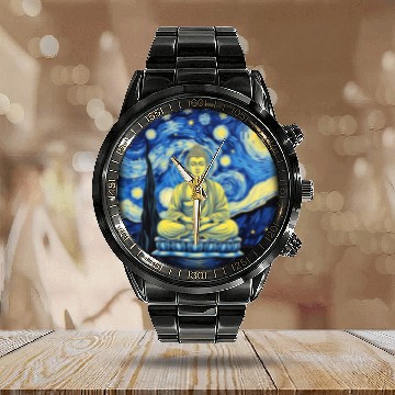 Discover Starry Night Buddha Zen Art Inspired by Van Gogh Calendar Steel Band Watch