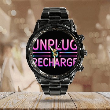 Discover Unplug to Recharge – Neon Light Tech Detox Quote Calendar Steel Band Watch