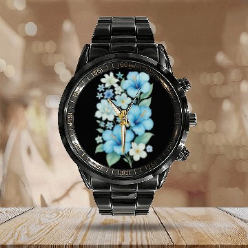 Discover Blue Tropical Hibiscus Floral Calendar Steel Band Watch