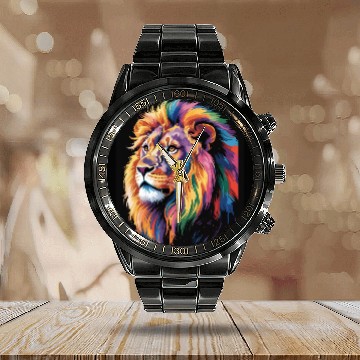Discover Pride and Power – Majestic Rainbow Lion Head Calendar Steel Band Watch