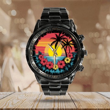 Discover Tropical Sunset Paradise with Hibiscus and Palm Calendar Steel Band Watch