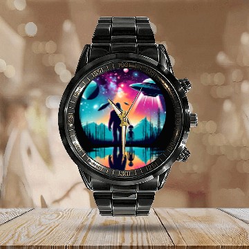 Discover Alien and Bigfoot UFO Calendar Steel Band Watch