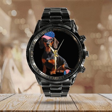 Discover Dachshund dog baseball lover us flag Calendar Steel Band Watch