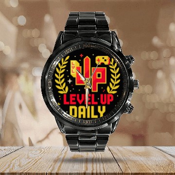 Discover Level Up Daily Gaming Lifestyle Motivation Graphic Calendar Steel Band Watch