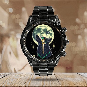 Discover Celestial Howl – Mystical Wolf Under Moonlight Calendar Steel Band Watch