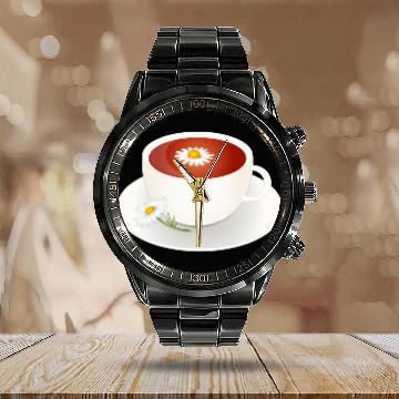 Discover Chamomile tea motif with blossom in an elegant cup Calendar Steel Band Watch