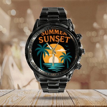 Discover Summer Sunset with Palms and Ocean Calendar Steel Band Watch