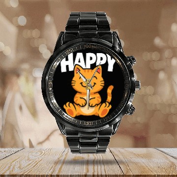 Discover Joyful Cat Illustration Calendar Steel Band Watch Design