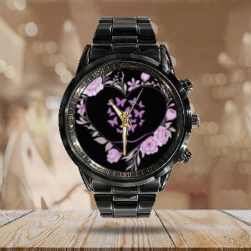 Discover heart with roes frams and butterflies Calendar Steel Band Watch