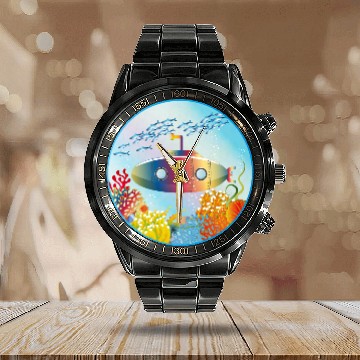 Discover Colorful Submarine in a Tropical Coral Reef Calendar Steel Band Watch
