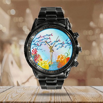 Discover School of colorful fish in a coral reef Calendar Steel Band Watch