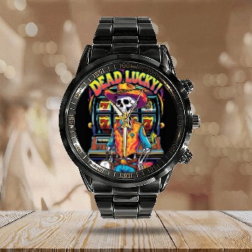 Discover Dead Lucky – Neon Skeleton Cowboy at the Slots Calendar Steel Band Watch