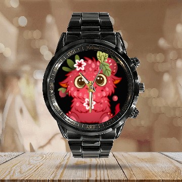 Discover Cute Monster in Raspberry Design Calendar Steel Band Watch