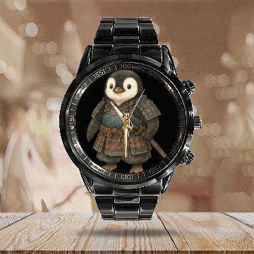Discover Historical samurai penguin with katana Japan cultu Calendar Steel Band Watch