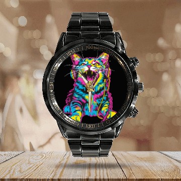 Discover Psychedelic Cat with Headphones in Vibrant Colors Calendar Steel Band Watch